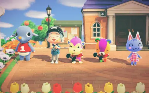 Personaje de Animal Crossing con sus mejores vecinos: un cordero, dos monos y un oso, todos listos para entrenar.