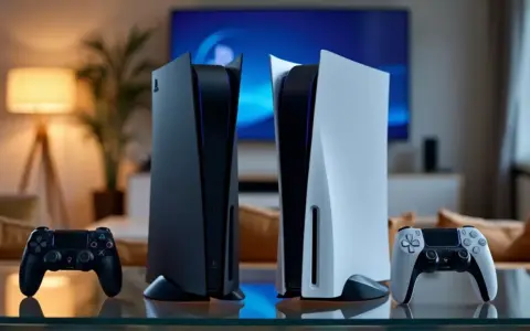Dos consolas PlayStation 5, una negra y otra blanca, junto a sus mandos. Los juegos de PS4 son compatibles con PS5, ¡disfruta de tu biblioteca!