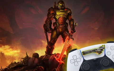 El Doom Slayer, listo para la acción, junto a un mando de PS5. ¡La experiencia definitiva de los mejores shooters PS5!
