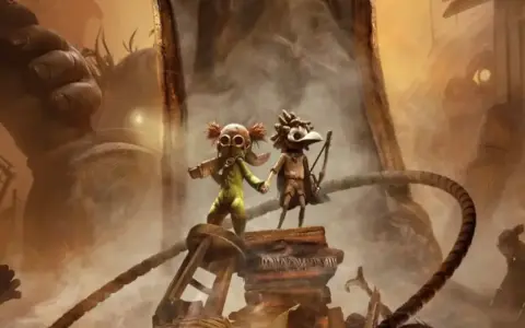 Dos niños, uno con traje verde y otro con arco, se enfrentan a un gigante en Little Nightmares 3.