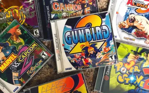 Cajas de los mejores juegos de Dreamcast: Marvel vs. Capcom 2, Gunbird 2, Power Stone 2, Gigawing, Cannon Spike y Street Fighter Alpha 3.