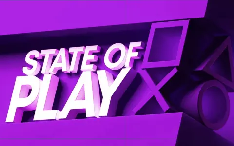 El logo "State of Play" en blanco sobre un fondo morado, con los símbolos de PlayStation.