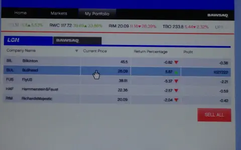 Pantalla de GTA V modo historia. Se muestra el menú de bolsa LCN con acciones como Bullhead y FlyUS. ¡A invertir en bolsa GTA V modo historia!