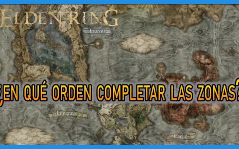 Mapa de Elden Ring con la pregunta "¿En qué orden completar las zonas?". Muestra Limgrave, Liurnia y Caelid.