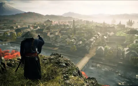 Un samurái observa un pueblo costero con el Monte Fuji al fondo. El **rise of the ronin** se cierne sobre este paisaje.