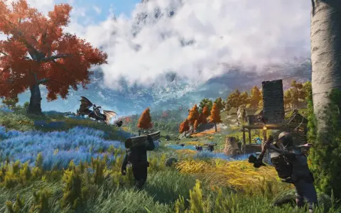 Un dragón alado se posa bajo un árbol de hojas rojas. Hombres cargan madera en un paisaje de flores azules y amarillas, con un pueblo y montañas al fondo. Luz natural, sin fuego.