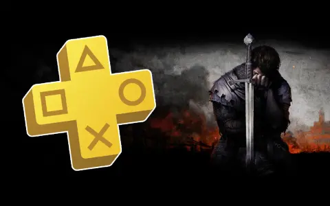 El logo de PS Plus de abril junto a un guerrero medieval con su espada.