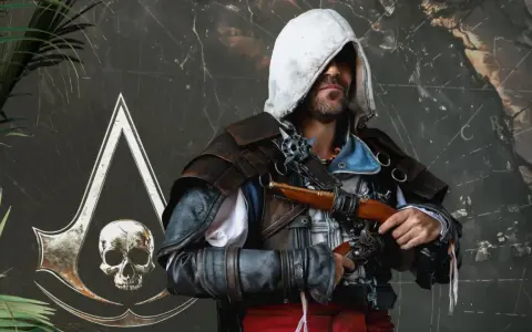 Un pirata con el símbolo de Assassin's Creed Black Flag remake, listo para la acción.