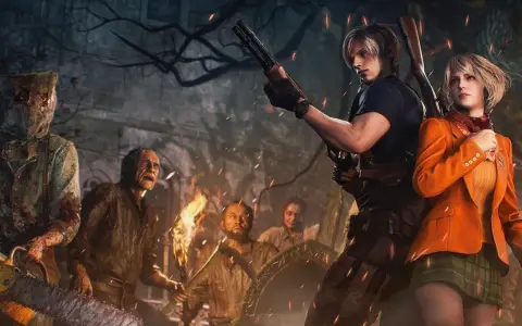 Leon y Ashley se preparan para la batalla contra enemigos con motosierra y antorchas en Resident Evil 4 Remake.