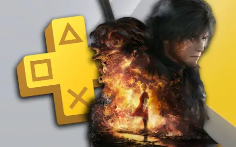 El logo de PS Plus se fusiona con un guerrero y una figura femenina rodeados de fuego. ¡Descubre nuevos juegos PS Plus Premium!