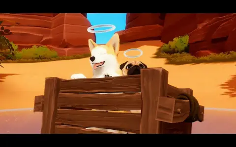 Dos adorables perros, un corgi y un pug, con halos, en un carro de madera. ¡Una aventura de **Nintendo Indie World**!