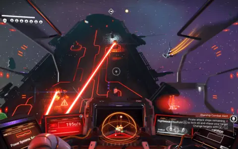 Cabina de nave en combate en No Man's Sky. Rayos láser rojos iluminan una nave pirata.