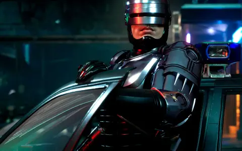 RoboCop, con su icónico casco, se prepara para la acción en este **robocop rogue city analisis**.