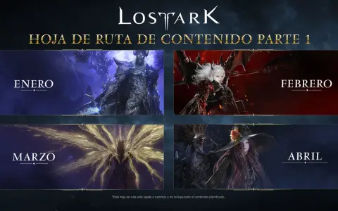 Lost Ark noticias: hoja de ruta de contenido parte 1 con imágenes de enero, febrero, marzo y abril, mostrando personajes y criaturas del juego.