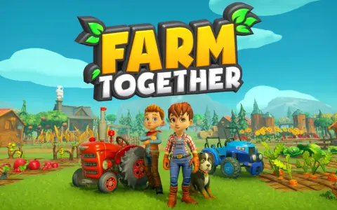 Dos niños y un perro posan frente a un tractor rojo y un azul en un campo de cultivo. El logo de "Farm Together" se cierne sobre la escena, invitando a jugar este juego de granja en Switch.
