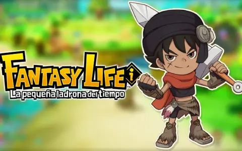 Un personaje de estilo anime con una espada, listo para una aventura en su fantasy life i. El logo de "Fantasy Life" aparece a la izquierda.
