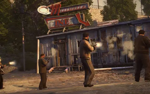 Hombres armados disparan contra un edificio, una escena de acción digna de un juego de mafia en Nintendo Switch.