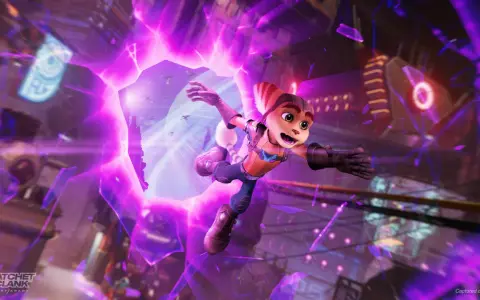 Ratchet salta a través de una grieta dimensional púrpura en Ratchet & Clank: Una Dimensión Aparte.