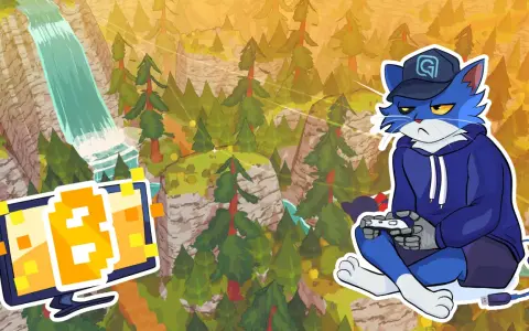 Gato azul con gorra y sudadera azul, jugando videojuegos en medio de un paisaje montañoso con cascada. Parece que prefiere un corto paseo virtual.