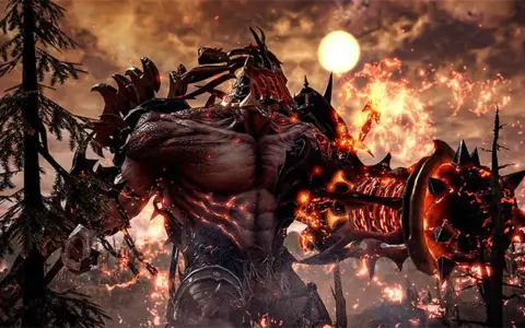 Un demonio de fuego con armadura oscura y un sol naranja en el cielo. ¡Perfecto para tus juegos gratis Steam!