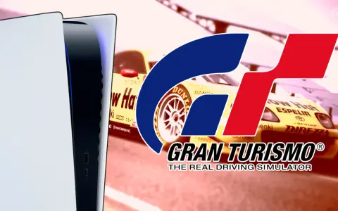 Consola PS5 junto a un coche de carreras amarillo con el logo de Gran Turismo 8.