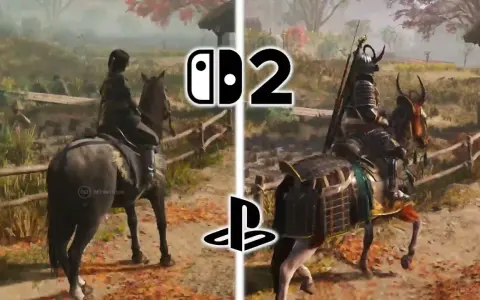 Dos escenas de Assassin's Creed Shadows PS5: un personaje a caballo en un entorno rural, comparando gráficos.