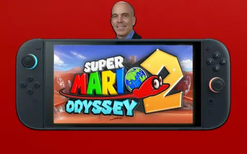 Un hombre sonríe sobre una Nintendo Switch que muestra el logo de Super Mario Odyssey 2, con Cappy y un planeta Tierra.