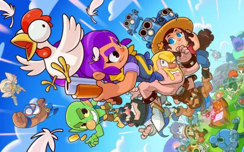 Un grupo diverso de personajes de Squad Busters, incluyendo una gallina, luchan en el aire contra un fondo azul con nubes.