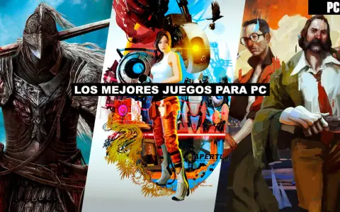 Un guerrero con armadura, Chell de Portal y dos hombres con trajes, todos parte de los mejores juegos para PC.
