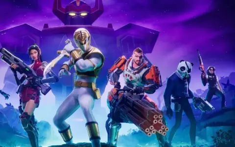 Personajes de Fortnite listos para la batalla, quizás cuando acaba la temporada de Fortnite. Un guerrero blanco y dorado, una mujer con rifle, un hombre con un brazo robótico y un panda.