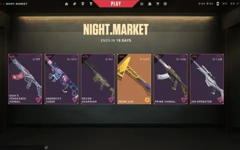 Ofertas exclusivas en el mercado nocturno de Valorant: skins de armas como Gaia's Vengeance Vandal, Prime Axe y Ion Operator.