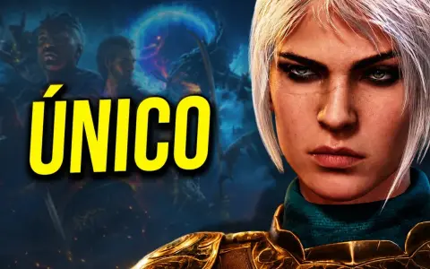 Primer plano de una mujer con cabello rubio platino y armadura dorada, con el texto "ÚNICO" y personajes de Baldur's Gate III al fondo.