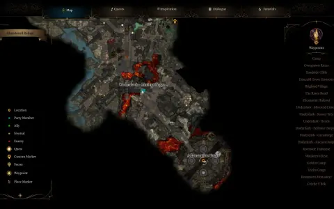 Mapa del juego Baldur's Gate 3, mostrando la zona de la Forja Adamantina en el Underdark.