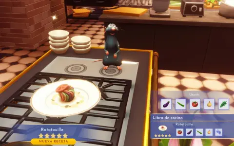 Remy prepara ratatouille en Dreamlight Valley. El libro de cocina muestra los ingredientes para esta y otras recetas.