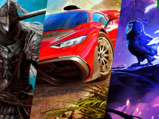Montaje de tres juegos de Xbox: guerrero con armadura, coche deportivo rojo y personajes de Ori.