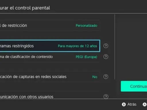 Configuración de control parental en Nintendo Switch. Se muestra la opción "Programas restringidos" con la selección "Para mayores de 12 años".