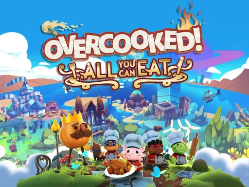 Personajes de "Overcooked! All You Can Eat" listos para divertidos juegos multijugador ps5 gratis. ¡A cocinar!
