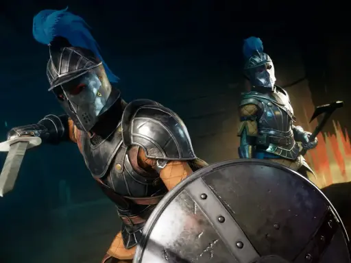 Dos guerreros con armadura y plumas azules, listos para la batalla. Sus armas y escudos sugieren que están construyendo un nuevo mundo.