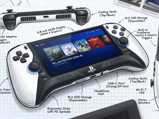 Concepto de **PlayStation 6** portátil con pantalla OLED, gatillos adaptativos y almacenamiento M.2 expandible.