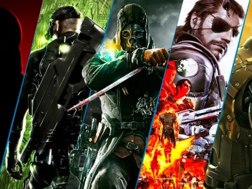 Personajes icónicos de los mejores juegos de sigilo: Hitman, Deus Ex, Metal Gear Solid y Dishonored.