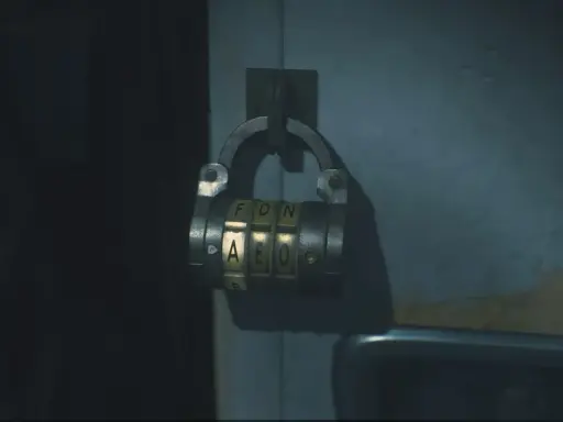 Caja fuerte de combinación en la oficina oeste de Resident Evil 2. Las letras visibles son F, D, N y A, E, O.