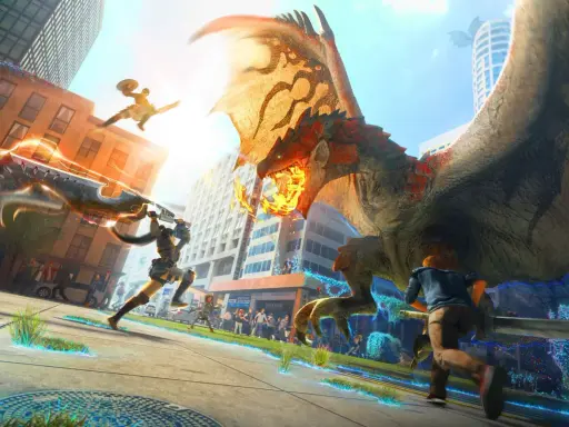 Cazadores luchan contra un dragón en la ciudad, una escena épica de Monster Hunter Online.