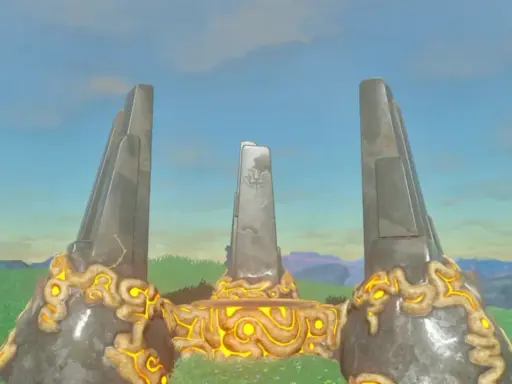 Estructura antigua con grabados brillantes, como en la canción del festival Zelda.