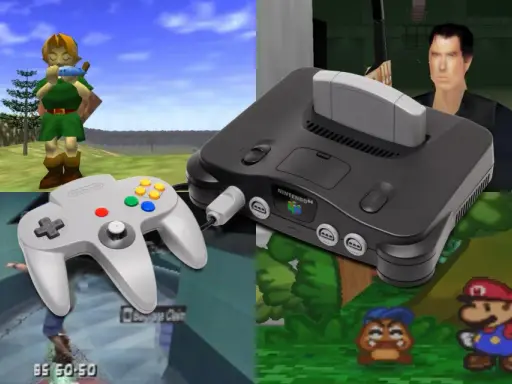 Collage de la Nintendo 64 con Link, Mario, un personaje de GoldenEye y el mando. Recuerdos de los mejores juegos Nintendo 64.
