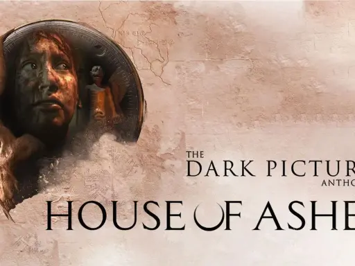 El rostro de una joven en un medallón, con una figura alada al fondo. El título "House of Ashes" y "The Dark Pictures Anthology" se superponen.