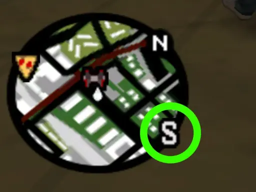 Mini-map de GTA San Andreas con un icono de pizza y la letra "S" rodeada de verde. ¡Listo para nuevas misiones!