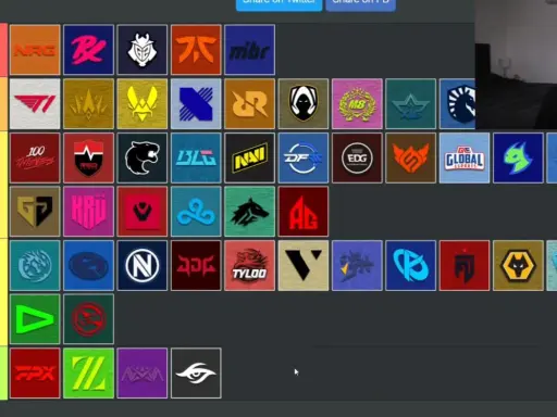 Una tier list de equipos de esports de League of Legends, con logos de equipos como NRG, 100 Thieves y NAVI en diferentes rangos.