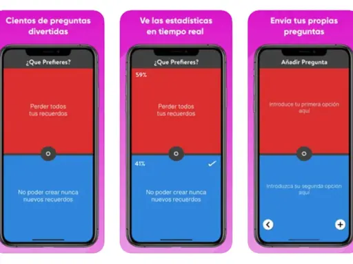 Pantallas de juegos para iPhone: "¿Qué Prefieres?", con opciones para perder recuerdos o no crear nuevos, ver estadísticas y añadir preguntas.