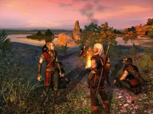 Elfos y Geralt junto a una hoguera, anticipando el **the witcher remake**. Atardecer en un paisaje idílico.