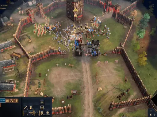 Batalla en Age of Empires 4. Tropas asaltan una fortaleza amurallada, con arqueros y lanceros en combate.